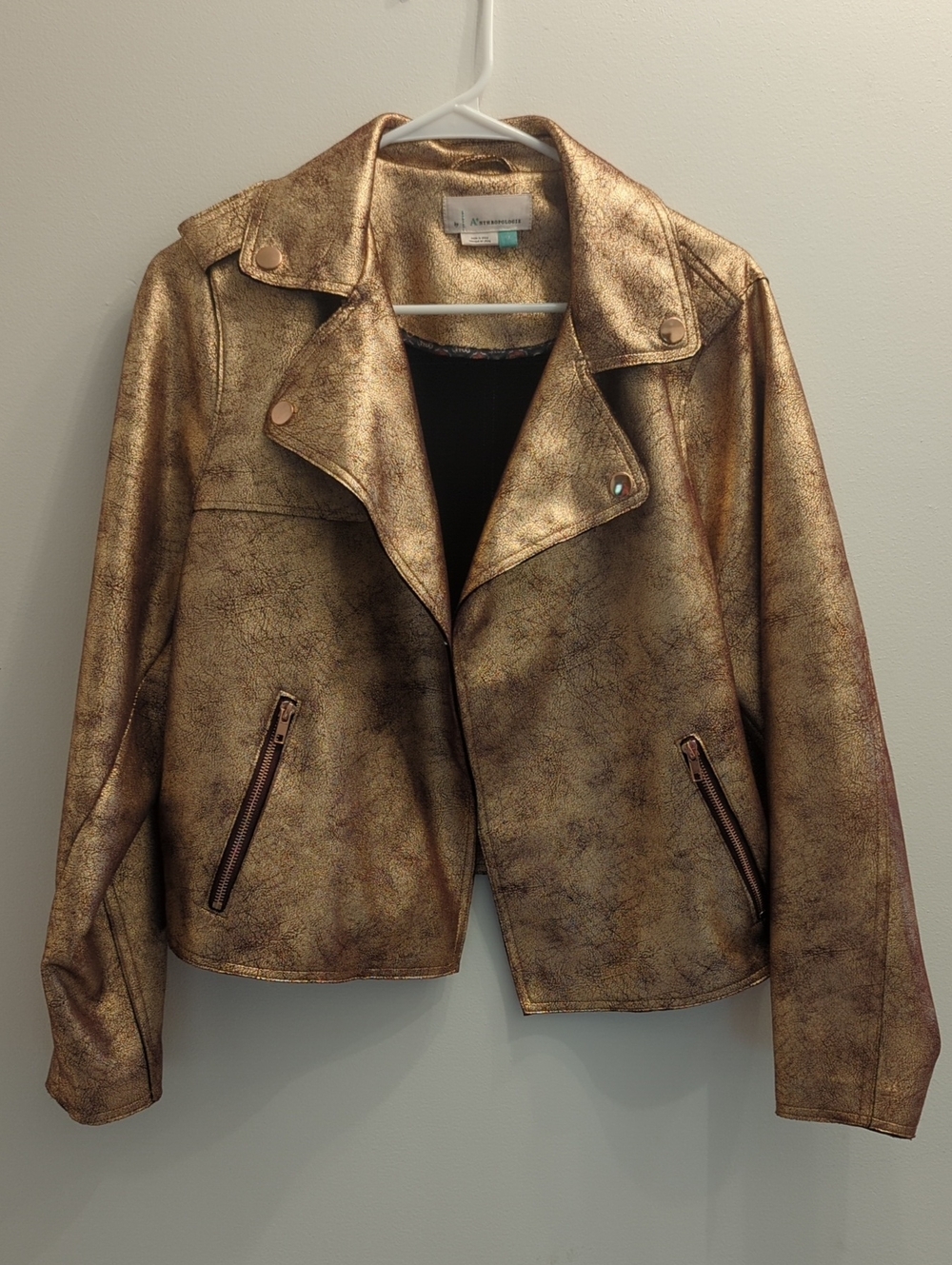 Anthropologie Metallic Rose Gold Faux-Leather Moto Jacket, Size 1X